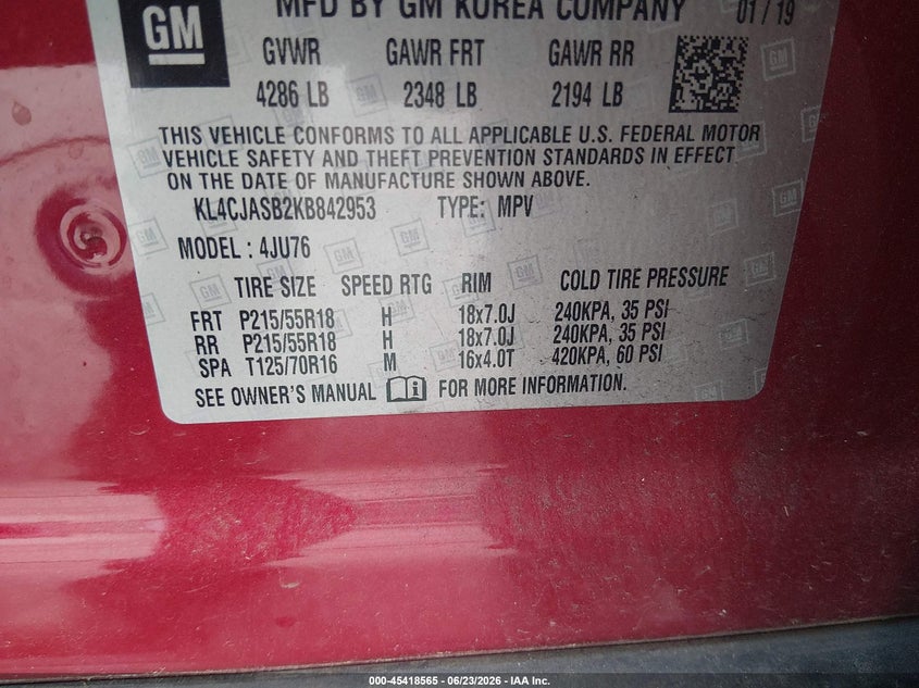 2019 Buick Encore Fwd Preferred VIN: KL4CJASB2KB842953 Lot: 45418565