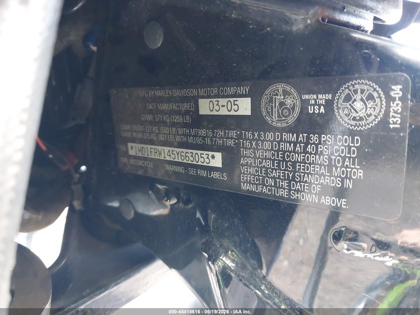 2005 Harley-Davidson Flhrci VIN: 1HD1FRW145Y663053 Lot: 45418616