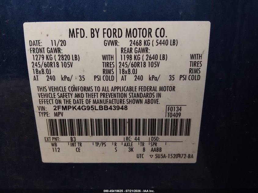 2020 Ford Edge Se VIN: 2FMPK4G95LBB43948 Lot: 45418625