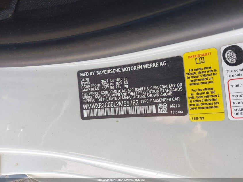 2020 Mini Hardtop Cooper VIN: WMWXR3C06L2M55782 Lot: 45418661