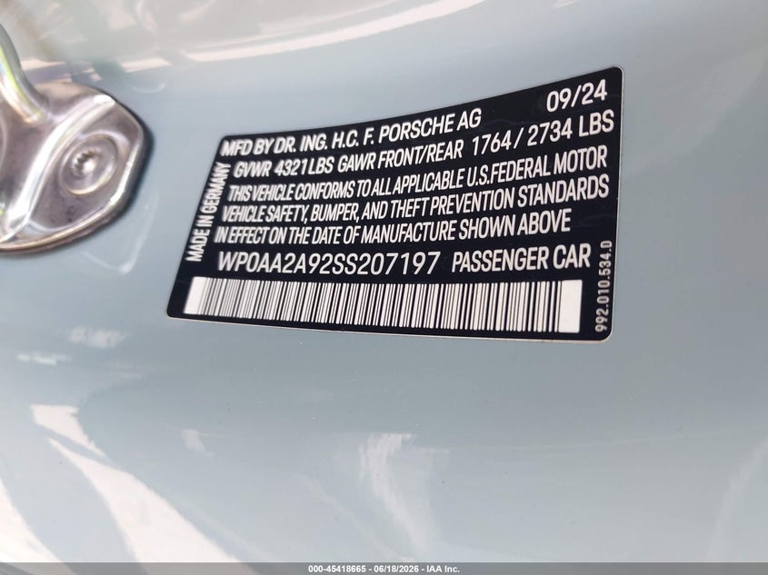 2025 Porsche 911 Carrera/Carrera T VIN: WP0AA2A92SS207197 Lot: 45418665