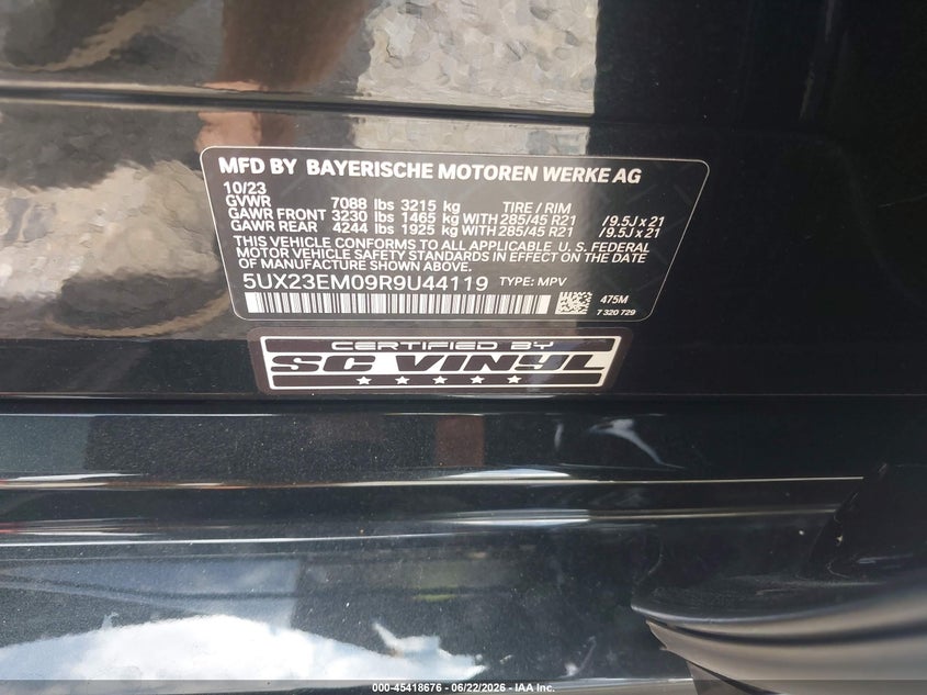 2024 BMW X7 xDrive40I VIN: 5UX23EM09R9U44119 Lot: 45418676