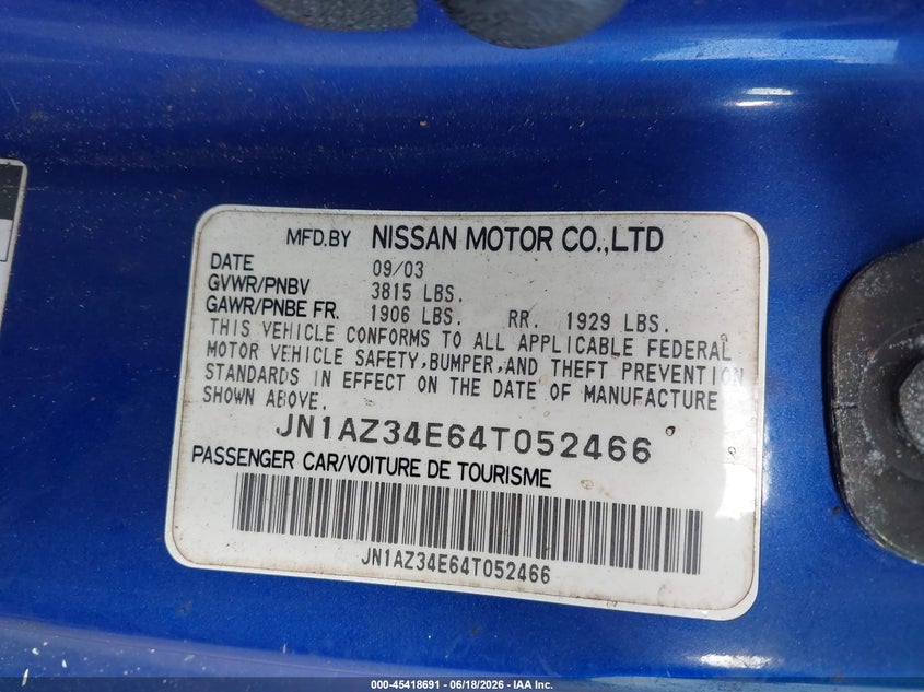2004 Nissan 350Z Touring VIN: JN1AZ34E64T052466 Lot: 45418691
