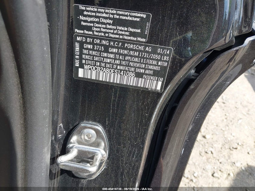 2014 Porsche Boxster S VIN: WP0CB2A80ES141086 Lot: 45418738