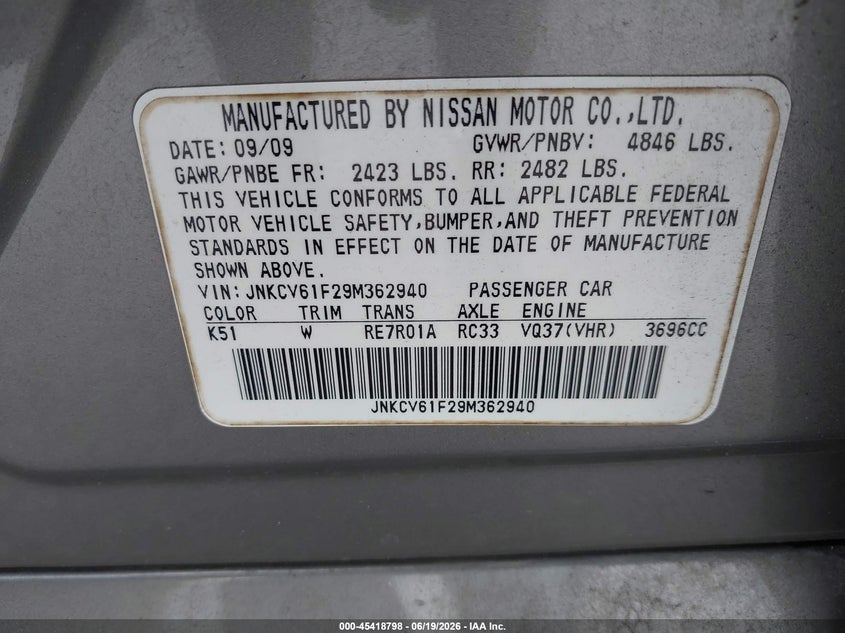 2009 Infiniti G37X VIN: JNKCV61F29M362940 Lot: 45418798