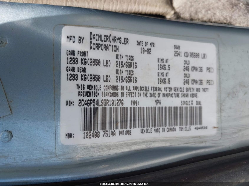 2003 Chrysler Town & Country Lxi VIN: 2C4GP54L93R191276 Lot: 45418909