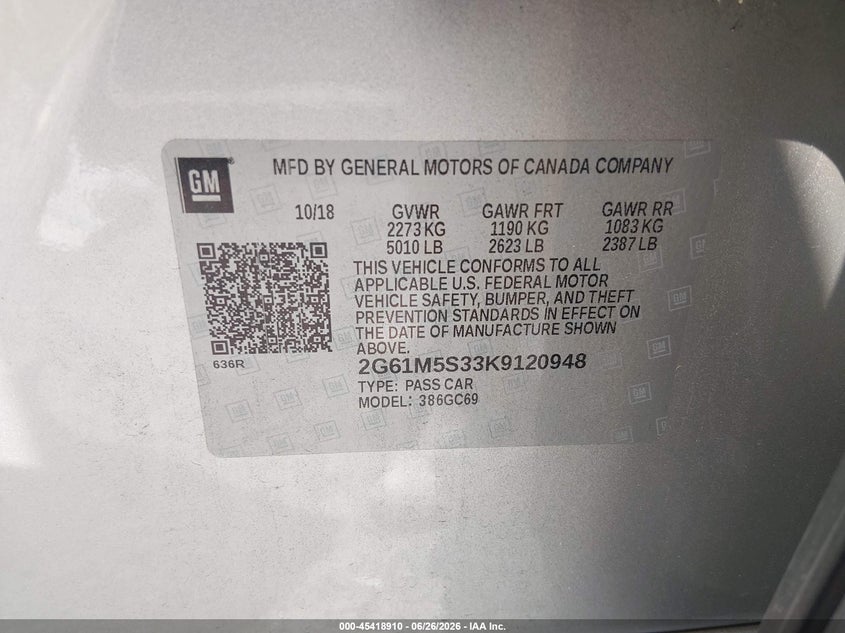 2019 Cadillac Xts Luxury VIN: 2G61M5S33K9120948 Lot: 45418910