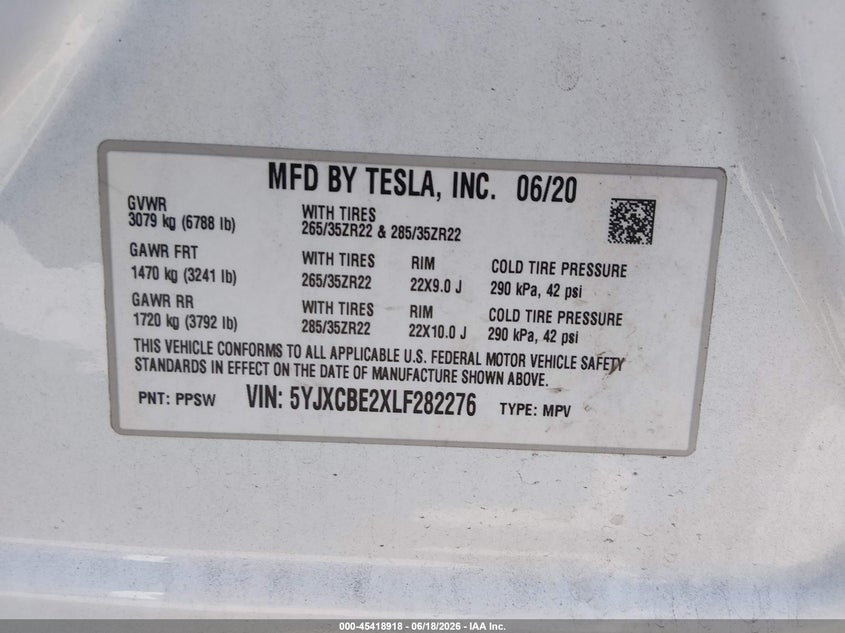 2020 Tesla Model X Long Range Dual Motor All-Wheel Drive/Long Range Plus Dual Motor All-Wheel Drive VIN: 5YJXCBE2XLF282276 Lot: 45418918