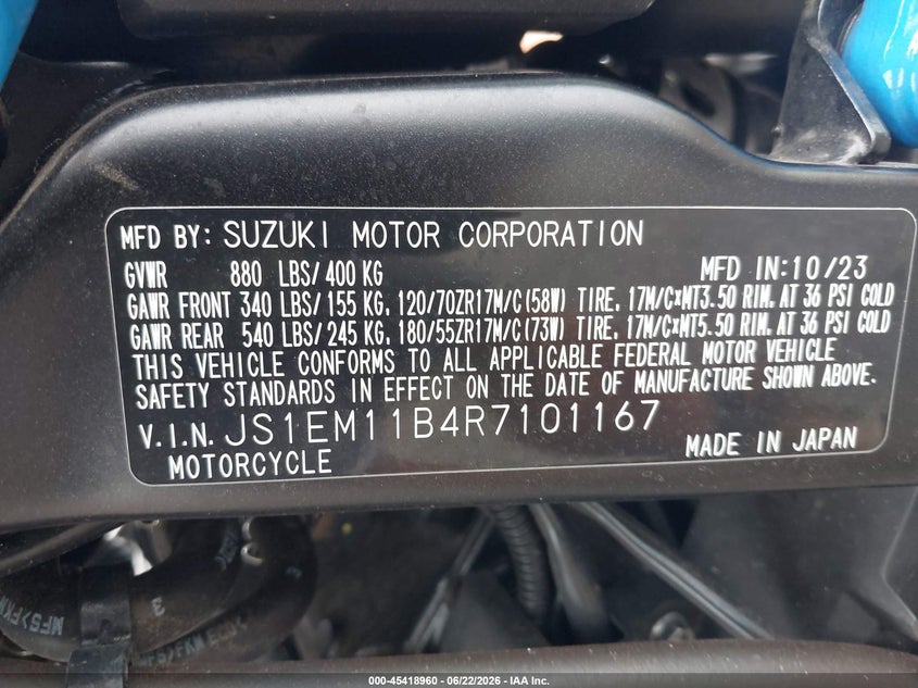 2024 Suzuki Gsx800 R VIN: JS1EM11B4R7101167 Lot: 45418960