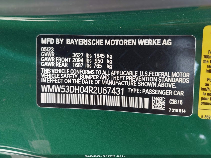 2024 Mini Hardtop Cooper S VIN: WMW53DH04R2U67431 Lot: 45419030