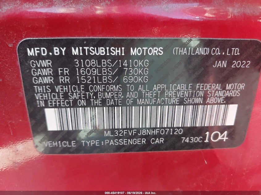 2022 Mitsubishi Mirage G4 Se VIN: ML32FVFJ8NHF07120 Lot: 45419107