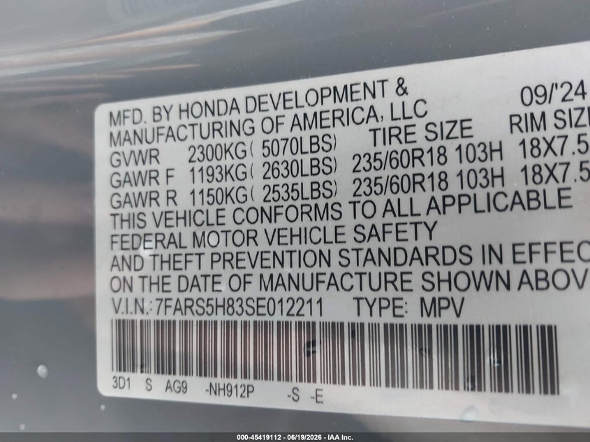 VIN 7FARS5H83SE012211 2025 HONDA CR-V HYBRID SPORT-L