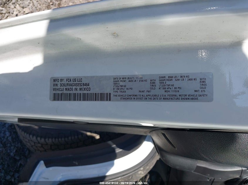 2025 Ram Promaster 1500 Tradesman Low Roof 136 Wb W/Pass Seat VIN: 3C6LRVAGXSE528464 Lot: 45419132