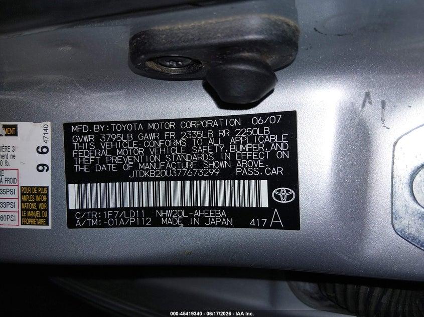 TOYOTA PRIUS 2007 VIN JTDKB20U377673299
