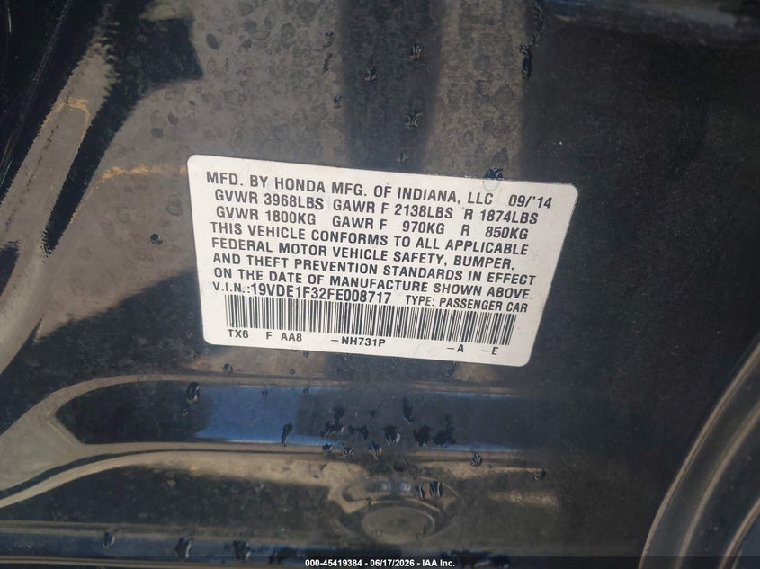 2015 Acura Ilx 2.0L VIN: 19VDE1F32FE008717 Lot: 45419384
