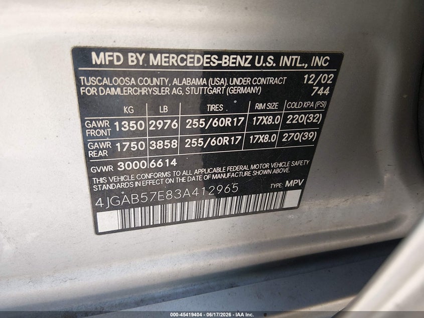 2003 Mercedes-Benz Ml 350 VIN: 4JGAB57E83A412965 Lot: 45419404