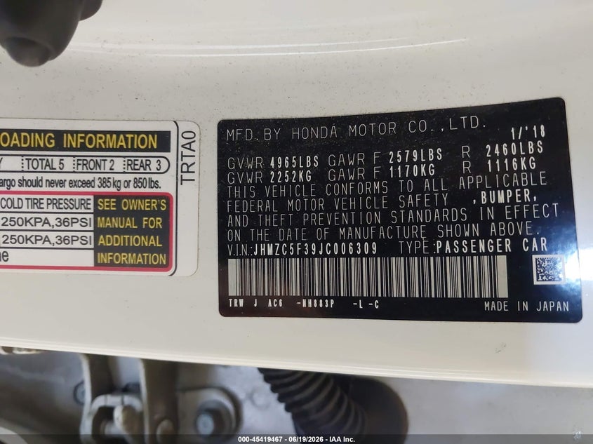 2018 Honda Clarity Plug-In Hybrid Touring VIN: JHMZC5F39JC006309 Lot: 45419467