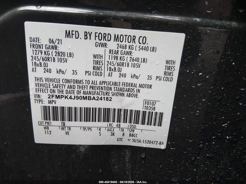 VIN 2FMPK4J90MBA24182 2021 FORD EDGE SEL