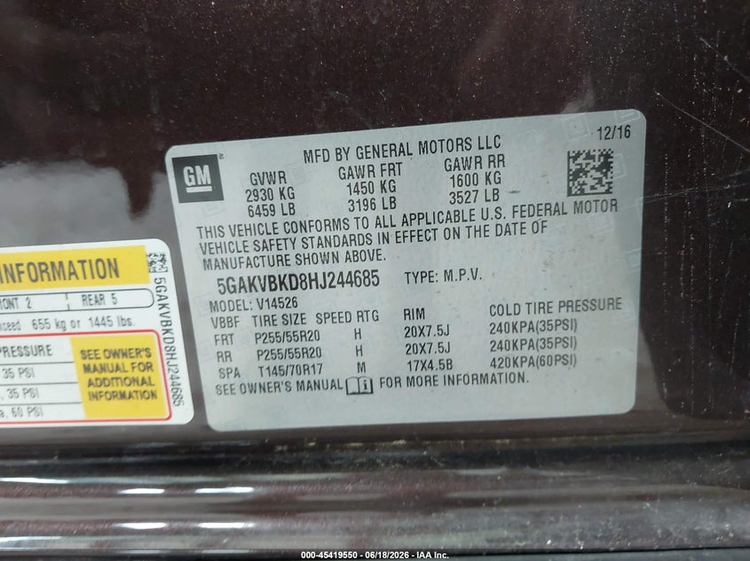 VIN 5GAKVBKD8HJ244685 2017 BUICK ENCLAVE LEATHER