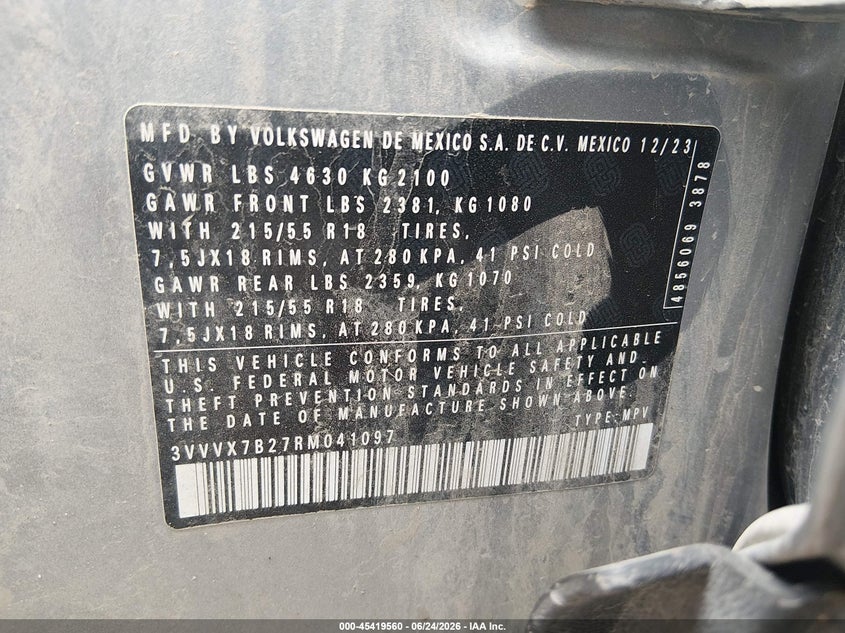 2024 Volkswagen Taos 1.5T Se VIN: 3VVVX7B27RM041097 Lot: 45419560