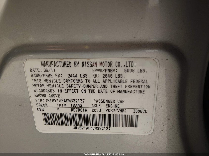 2012 Infiniti M37 VIN: JN1BY1AP4CM332137 Lot: 45419579