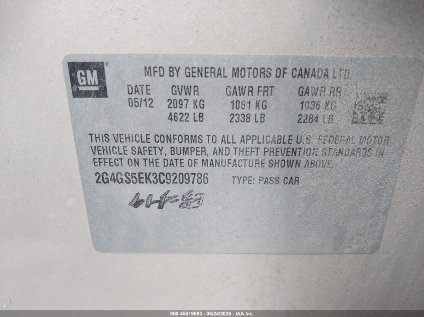 2012 Buick Regal Premium 1 VIN: 2G4GS5EK3C9209786 Lot: 45419593