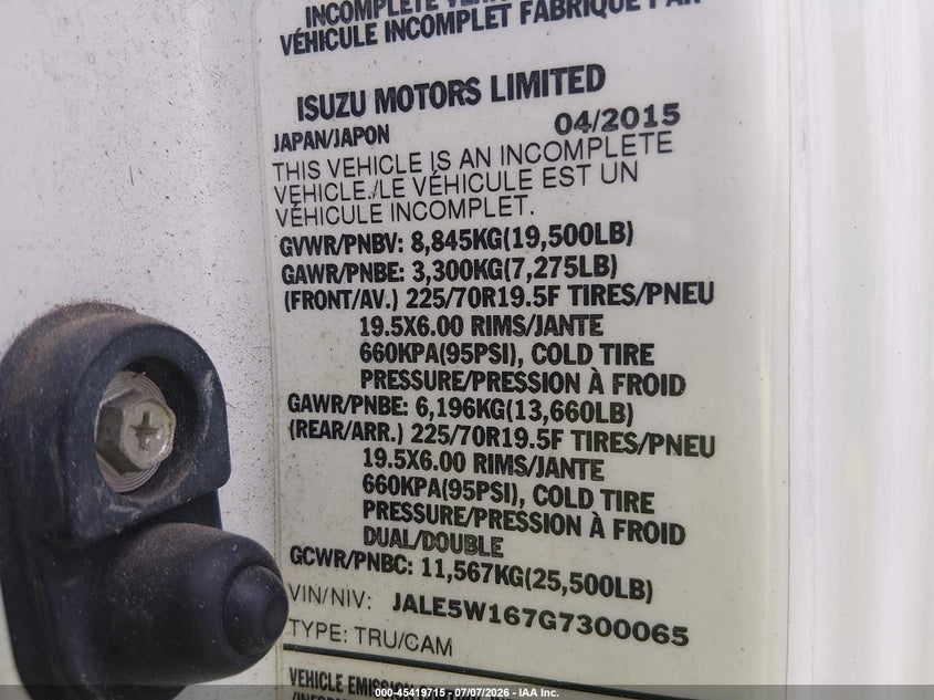 2016 Isuzu Dsl Reg At VIN: JALE5W167G7300065 Lot: 45419715