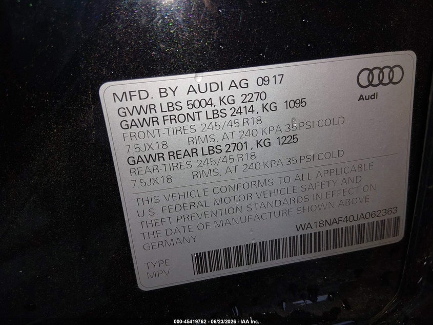 2018 Audi A4 Allroad 2.0T Premium/2.0T Tech Premium VIN: WA18NAF40JA062363 Lot: 45419762