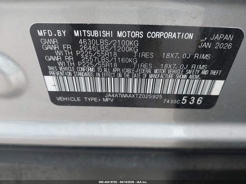 2026 Mitsubishi Eclipse Cross Black Edition S-Awc/Se S-Awc/Sel S-Awc VIN: JA4ATWAAXTZ025925 Lot: 45419792