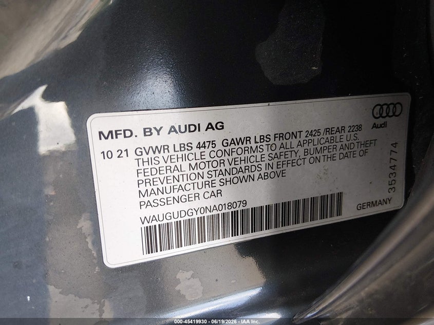 2022 Audi A3 Premium 40 Tfsi Quattro S Tronic VIN: WAUGUDGY0NA018079 Lot: 45419930