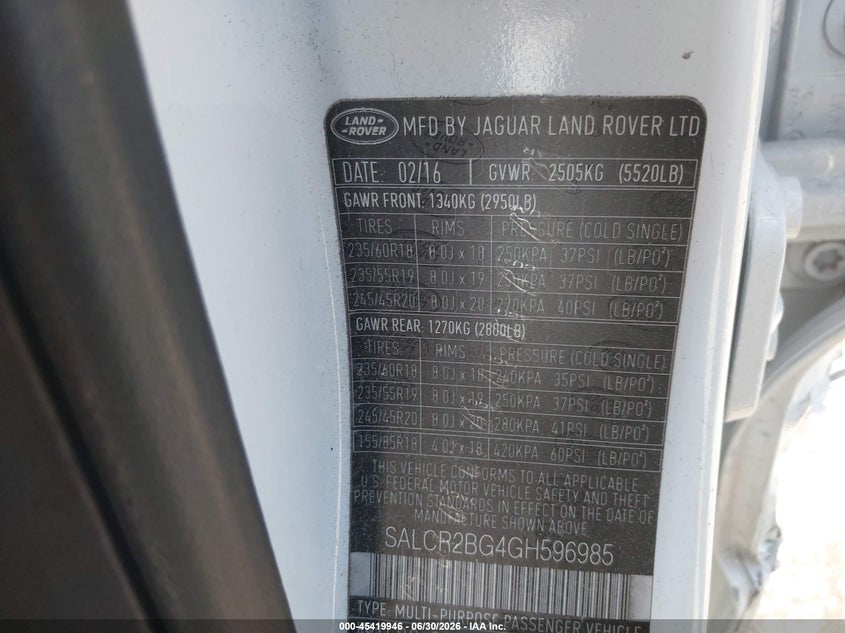 2016 Land Rover Discovery Sport Hse VIN: SALCR2BG4GH596985 Lot: 45419946