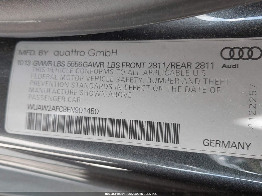 2014 Audi Rs 7 4.0T Prestige VIN: WUAW2AFC8EN901450 Lot: 45419961