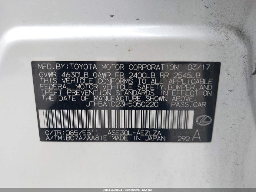 2017 LEXUS IS SEDAN 2.0L I-4 DI, DOHC, VVT, TURBO, 241HP