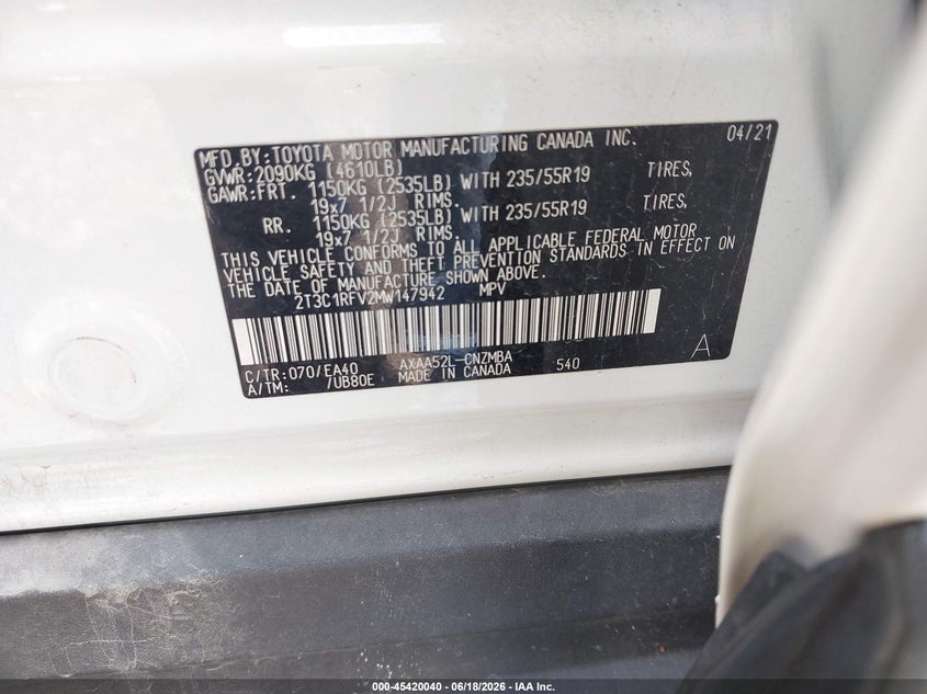 VIN 2T3C1RFV2MW147942 2021 TOYOTA RAV4 XLE PREMIUM