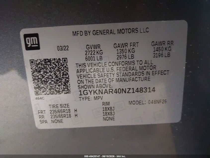 2022 Cadillac Xt5 Fwd Luxury VIN: 1GYKNAR40NZ148314 Lot: 45420147