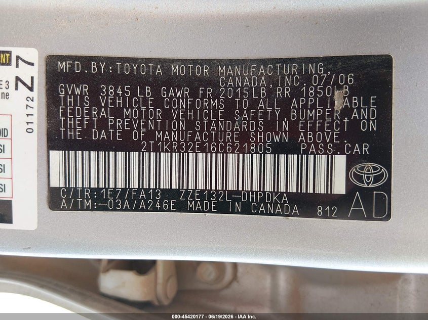 2006 Toyota Matrix VIN: 2T1KR32E16C621805 Lot: 45420177
