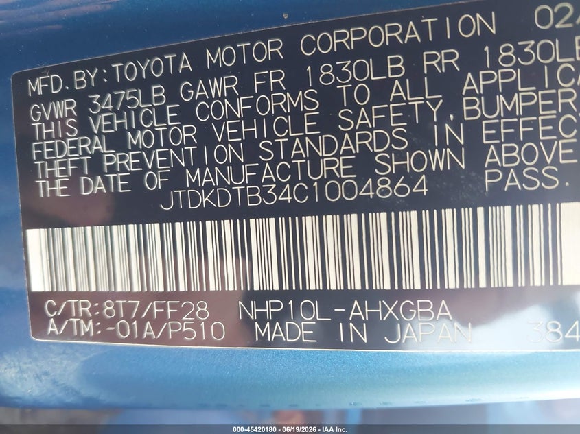 2012 Toyota Prius C Three VIN: JTDKDTB34C1004864 Lot: 45420180