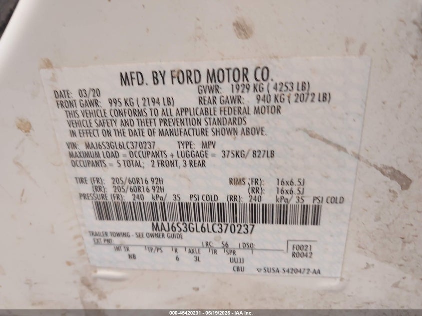 2020 Ford Ecosport Se VIN: MAJ6S3GL6LC370237 Lot: 45420231
