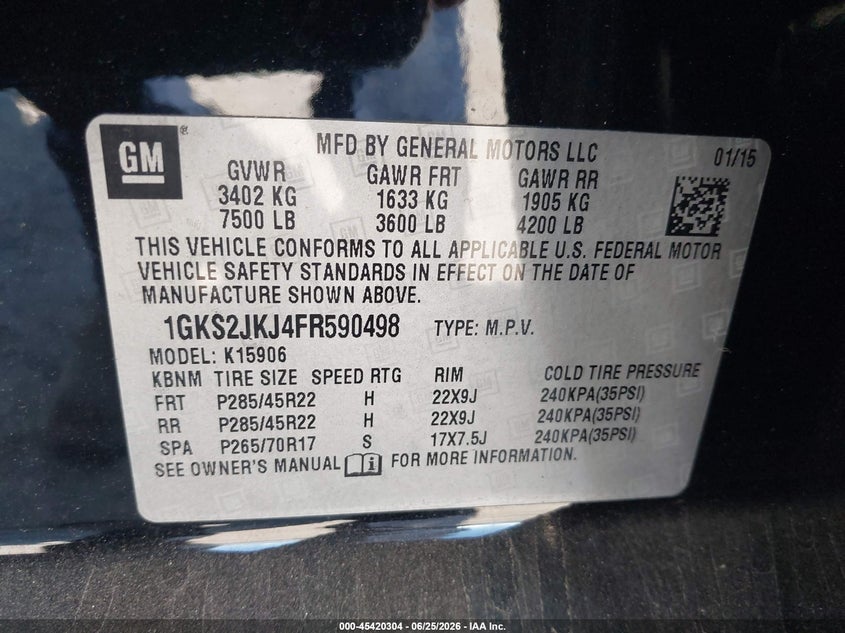 2015 GMC Yukon Xl 1500 Denali VIN: 1GKS2JKJ4FR590498 Lot: 45420304