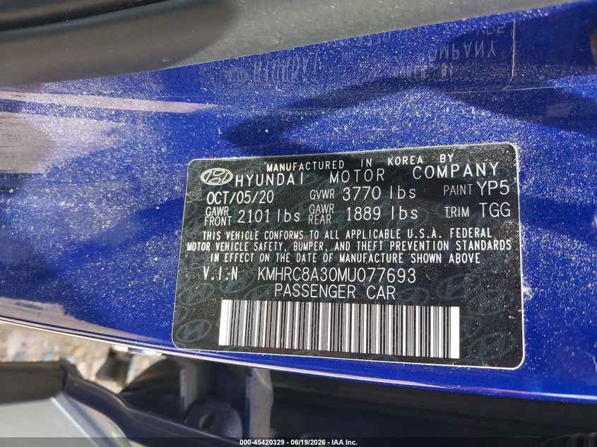 2021 Hyundai Venue Sel VIN: KMHRC8A30MU077693 Lot: 45420329