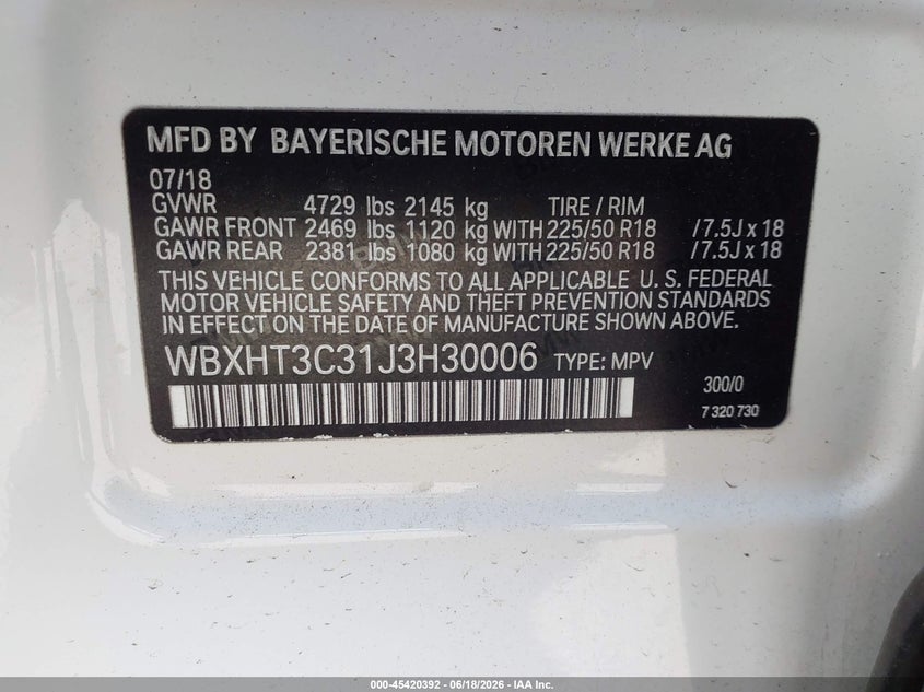 2018 BMW X1 xDrive28I VIN: WBXHT3C31J3H30006 Lot: 45420392