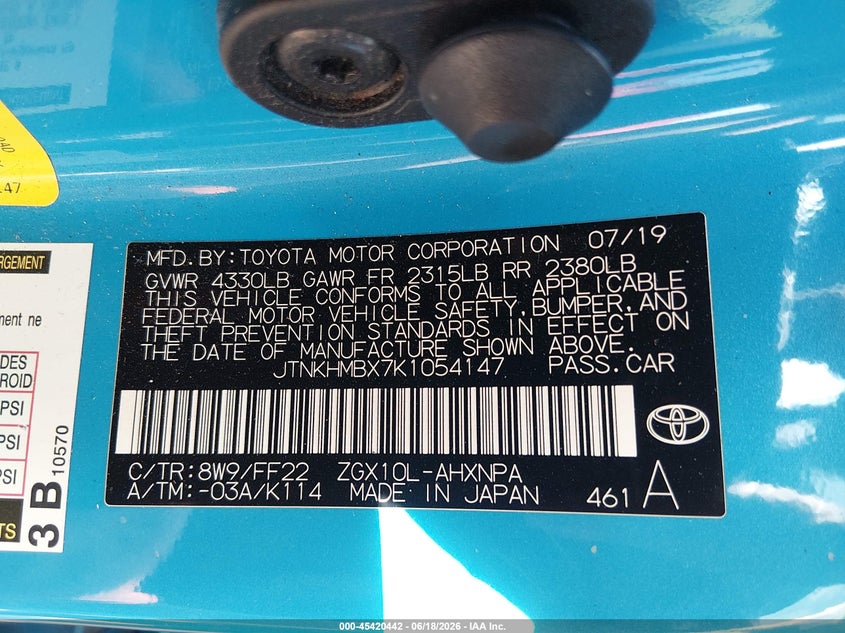 2019 Toyota C-Hr Xle VIN: JTNKHMBX7K1054147 Lot: 45420442