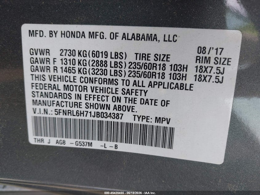 2018 Honda Odyssey Ex-L VIN: 5FNRL6H71JB034387 Lot: 45420455