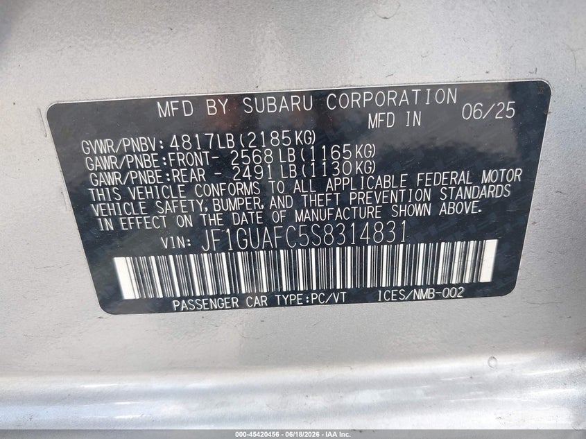 2025 Subaru Impreza Sport 5-Door VIN: JF1GUAFC5S8314831 Lot: 45420456