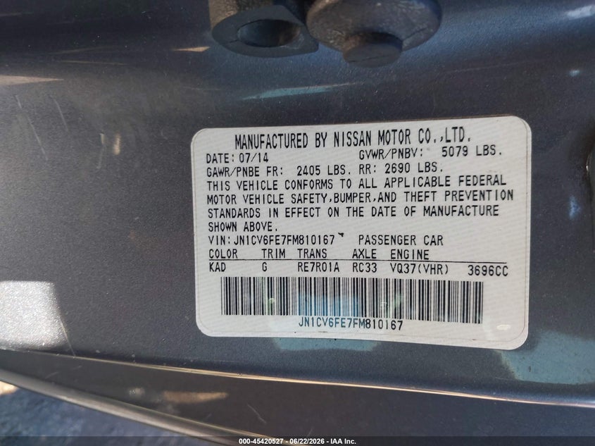 2015 Infiniti Q60 VIN: JN1CV6FE7FM810167 Lot: 45420527