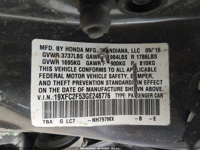 2016 HONDA CIVIC SEDAN 2.0L I-4 DOHC, VVT, 158HP