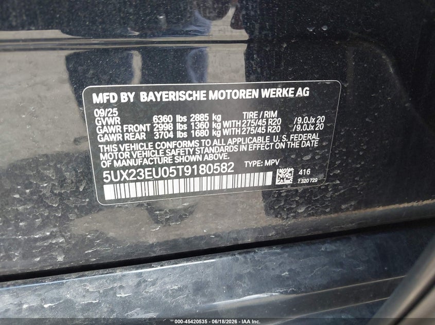 2026 BMW X5 xDrive40I VIN: 5UX23EU05T9180582 Lot: 45420535
