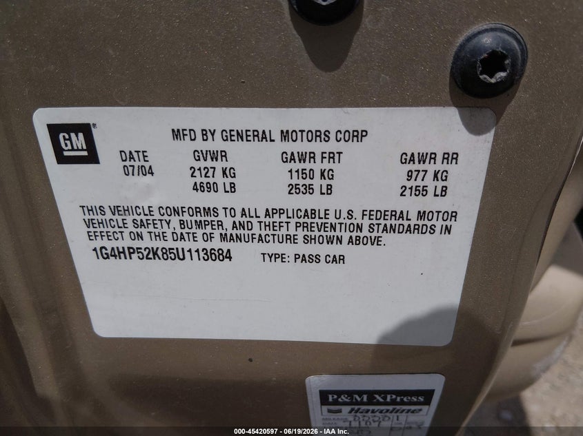 2005 Buick Lesabre Custom VIN: 1G4HP52K85U113684 Lot: 45420597