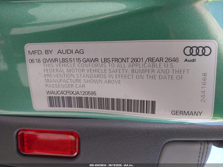 2018 Audi S5 3.0T Premium Plus VIN: WAUC4CF5XJA120595 Lot: 45420634
