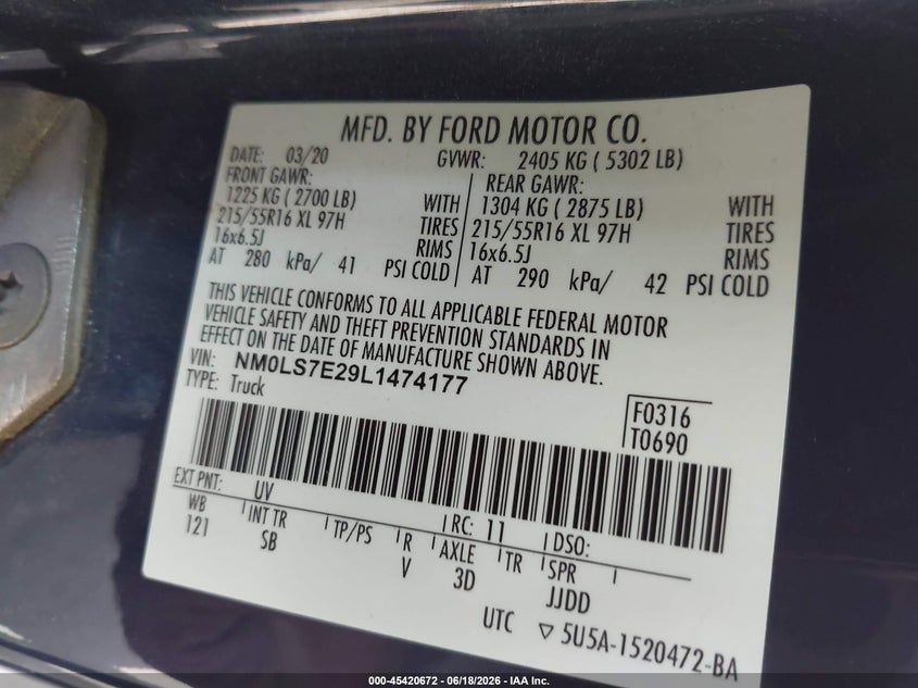 2020 Ford Transit Connect Xl VIN: NM0LS7E29L1474177 Lot: 45420672
